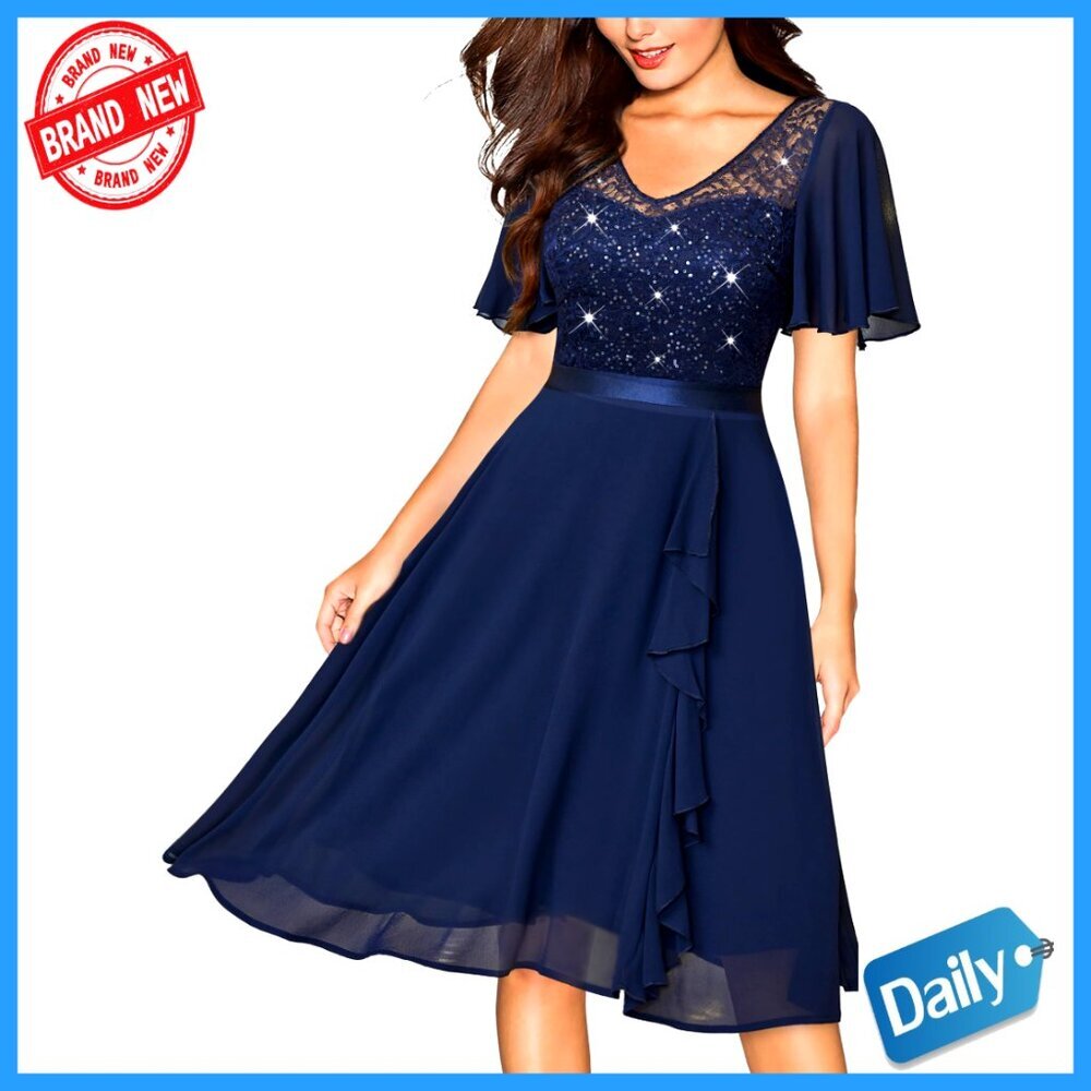 Sequin Lace V Neck Ruffle Chiffon Cocktail Dress Elegant Party Wear